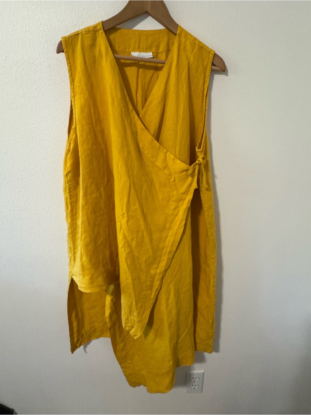 Bryn Walker Asymmetric Linen Wrap Vest Yellow Lagenlook Longline USA-Large